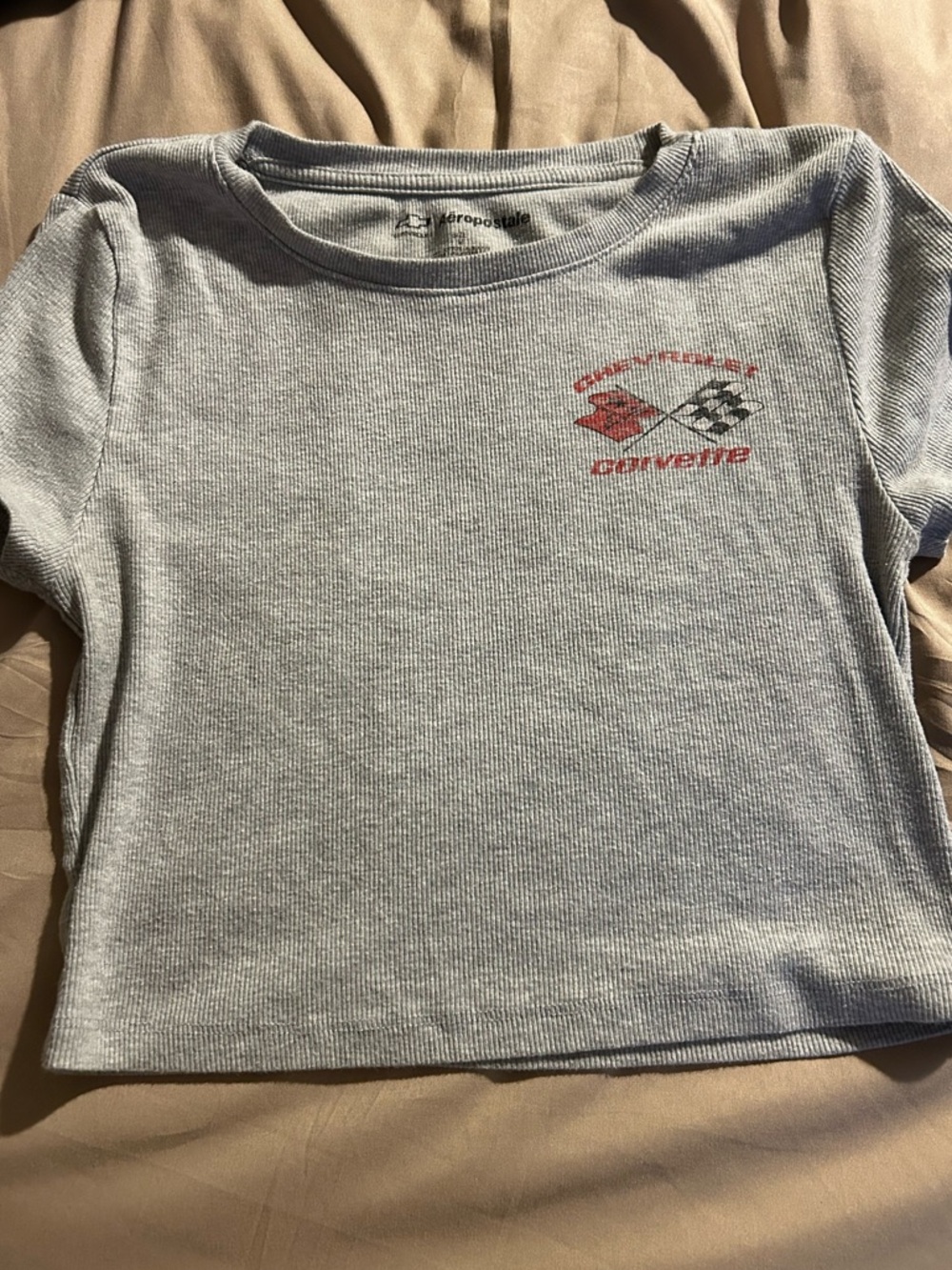 Aeropostale Light Blue Ribbed Tee with Red Corvette Graphic